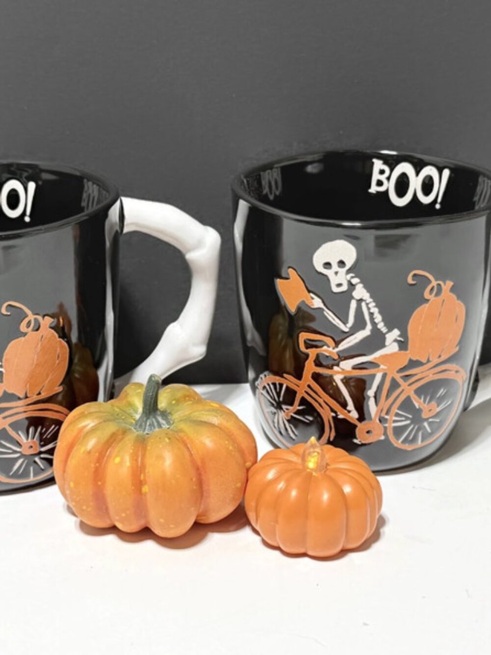 Halloween Mug, "Mr Bones on a Bicycle", Sculpted Bone-Shaped Handle (2 Available